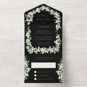 Invitation Tout En Un Black Snowberry+Eucalyptus Réception de mariage un