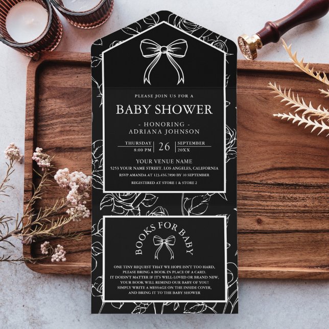 Invitation Tout En Un Black White Line Art Coquette Bow Baby shower (Créateur téléchargé)