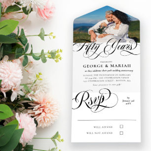 Invitation Tout En Un Black White Swirls Photo 50e anniversaire de Maria