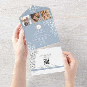 Invitation Tout En Un Blanc Floral Dusty Mariage bleu