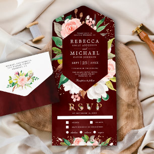 Invitation Tout En Un Blanc Magnolia Blush rose Floral Bourgogne Mariage