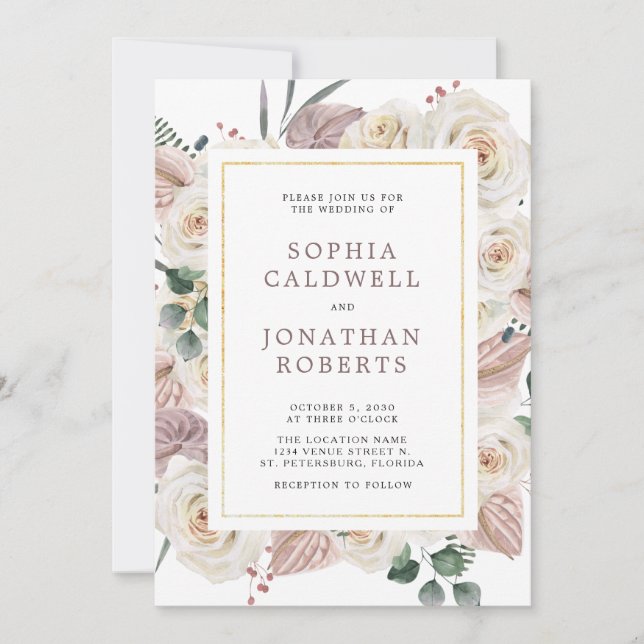 Invitation Tout en un blanc Roses Mariage de fleurs tropicale (Devant)