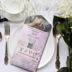 Invitation Tout En Un Blanc Sakura Cherry Blossom Violet QR Code Photo