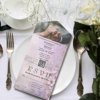 Invitation Tout En Un Blanc Sakura Cherry Blossom Violet QR Code Photo