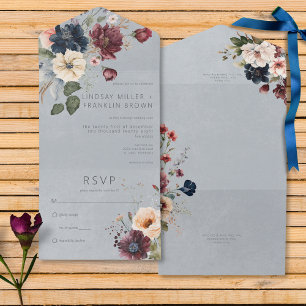Invitation Tout En Un Bleu Bourgogne & Crème Rustique Floral Bleu Pas de