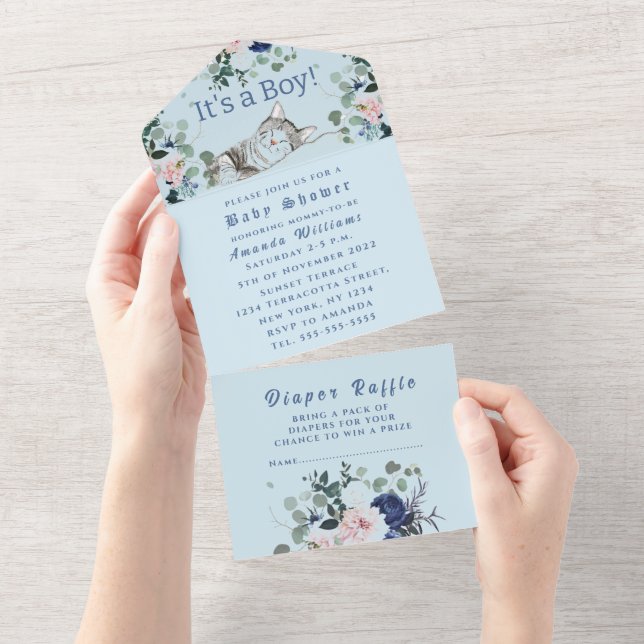 Invitation Tout En Un Bleu Chaton Bleu C'est un Baby shower garçon (Déchirure)