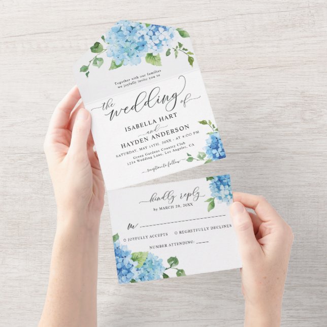 Invitation Tout En Un Bleu clair Floral Botanique Hydrangea Boho Mariage (Déchirure)