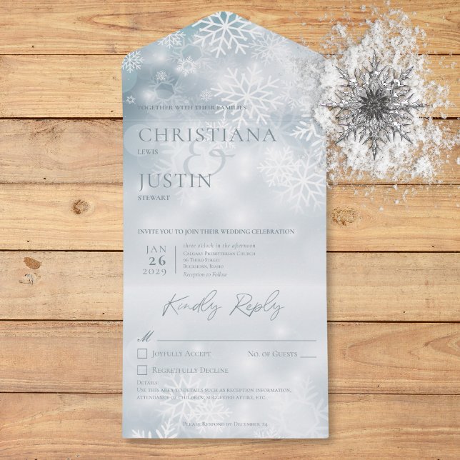 Invitation Tout En Un Bleu et blanc Neige d'hiver Détails modernes (Blue & White Winter Snow Modern Details All In One Invitation)