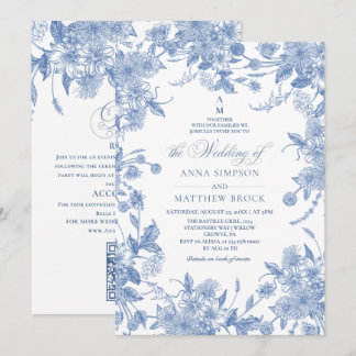 Invitation Tout en Un Bleu Français Fleurs Sauvages Mariage