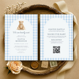 Invitation Tout en Un Bleu Gingham Nous pouvons à peine atten