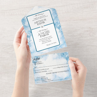 Invitation Tout En Un bleu marine avec des fleu All in One Wedding Invit
