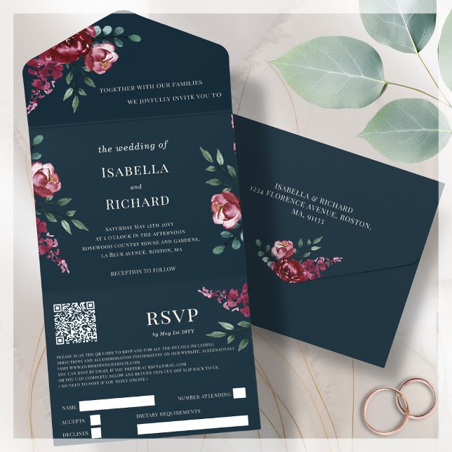 Invitation Tout En Un Bleu Marine | Floral Bourgogne | QR Code RSVP (Créateur téléchargé)