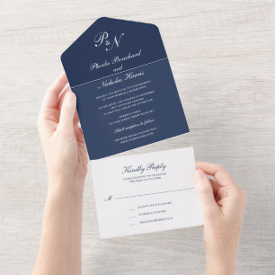 Invitation Tout En Un Bleu Nuit Mariage Classique Élégant
