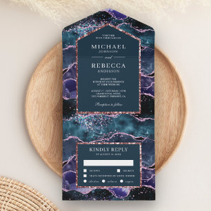 Invitation Tout En Un Bleu Océan Violet Paillettes Agate Marbre Mariage
