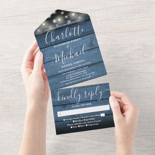 Invitation Tout En Un Bleu Rustique Barne Bois Chaîne Mariage (Déchirure)