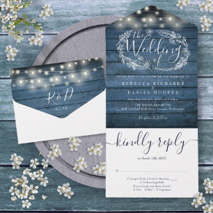 Invitation Tout En Un Bleu Rustique Chaîne de bois éclaire le Mariage Fl