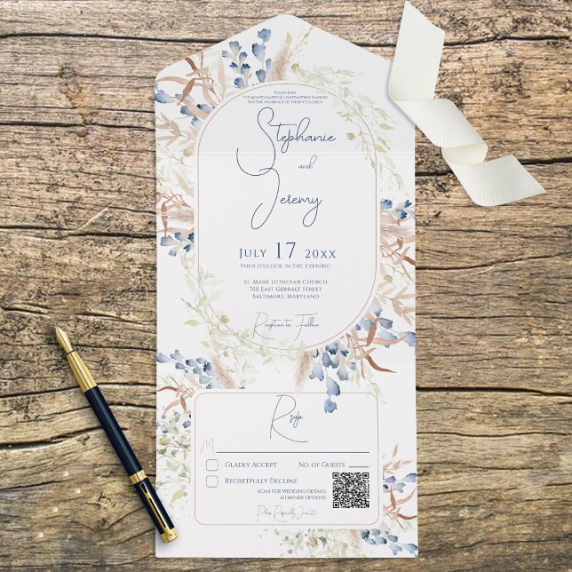 Invitation Tout En Un Bleu & Tan Séché Boho Fleurs Blanc QR Code (Créateur téléchargé)