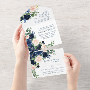 Invitation Tout En Un Blooms Chics Romantic Navy Blue and Blush Entree