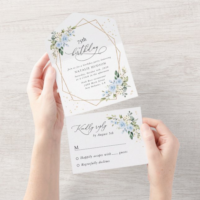 Invitation Tout En Un Blue Flowers, White Flowers, Greenery, Birthday (Déchirure)