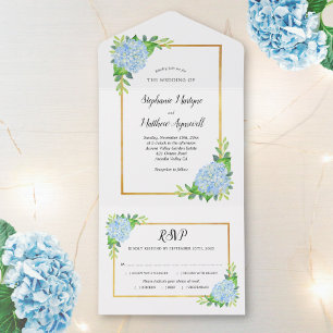 Invitation Tout En Un Blue Hydrangea Gold Border Mariage