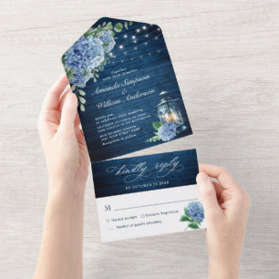 Invitation Tout En Un Blue Hydrangea Lanterne Marine Mariage en bois