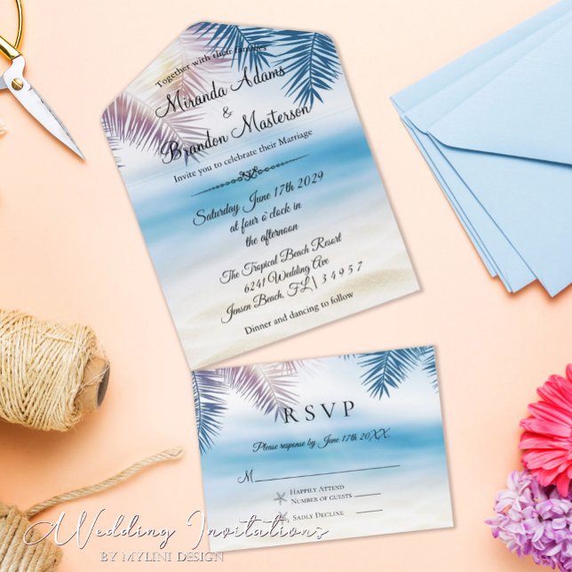 Invitation Tout En Un Blue Ocean Tropical Summer Palm Beach Mariage (Créateur téléchargé)