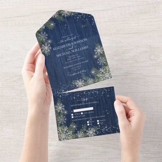 Invitation Tout En Un Blue Silver Winter Bois Plaid Rustique Mariage +Me (Déchirure)