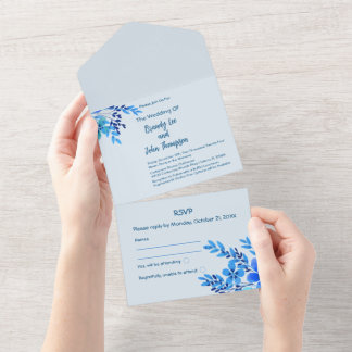 Invitation Tout En Un Blue Watercolor Floral All in One Wedding Invite