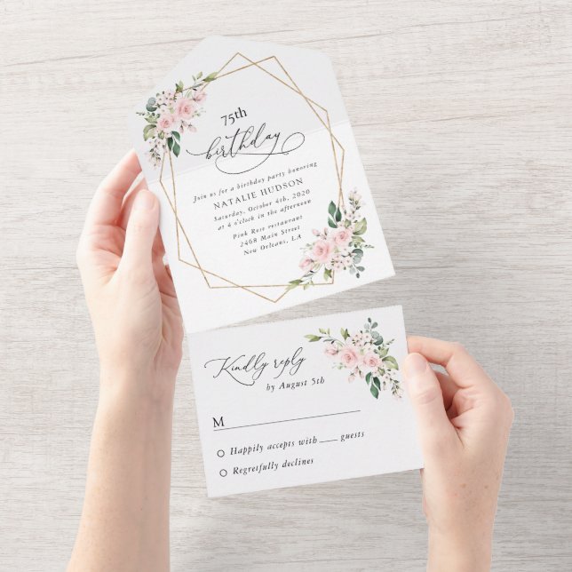 Invitation Tout En Un Blush Flowers, Pink Flowers, Boho, Birthday (Déchirure)