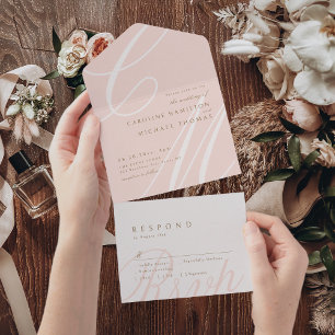 Invitation Tout En Un Blush Gold Classic Elegance calligraphie monogramm
