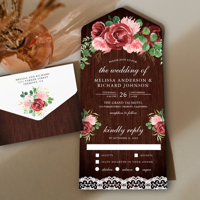Invitation Tout En Un Blush rose Bourgogne Floral dentelle grange Mariag (Créateur téléchargé)
