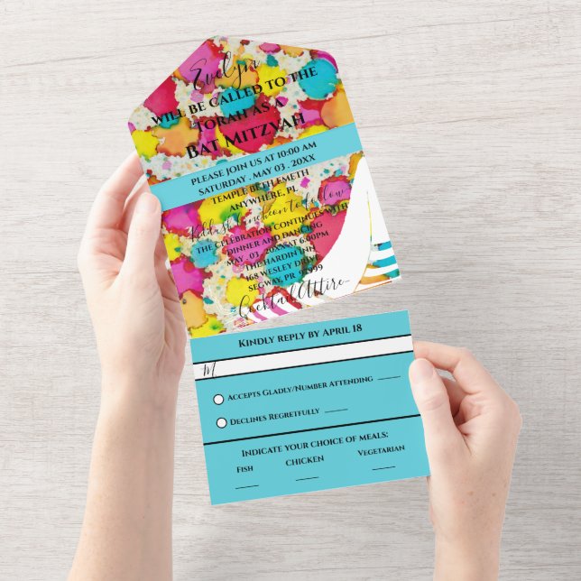 Invitation Tout En Un BM Bar Bat mitzvah Confetti Tallit (Déchirure)