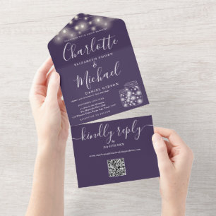 Invitation Tout En Un Bocaux Mason avec code QR violet Guirlandes lumine