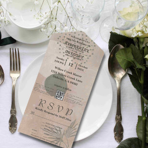 Invitation Tout En Un Boho Beige vert Abstrait forme QR Code minimaliste