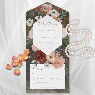 Invitation Tout En Un Boho Black Burgundy Fall Floral Pas de dîner