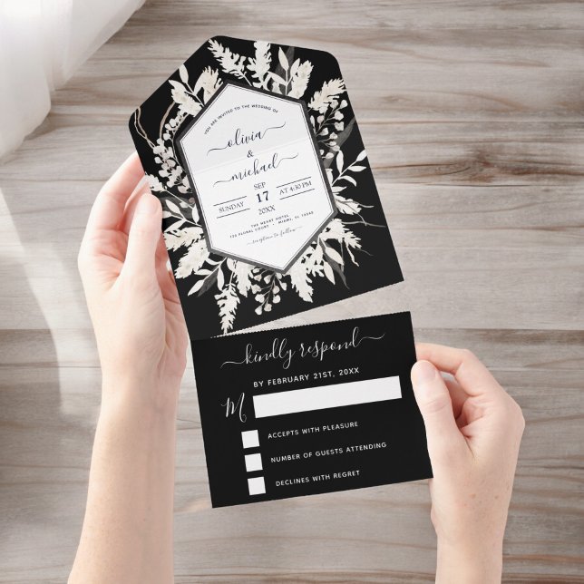 Invitation Tout En Un Boho Black White Beige Botanique Mariage (Créateur téléchargé)