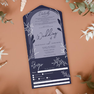 Invitation Tout En Un Boho bleu marine photo floral rustique arche maria