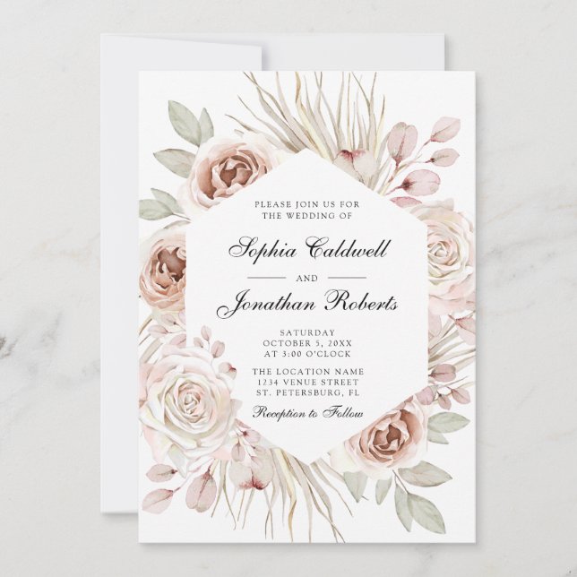 Invitation Tout en un Boho Blush Rose Roses Palm Mariage feui (Devant)