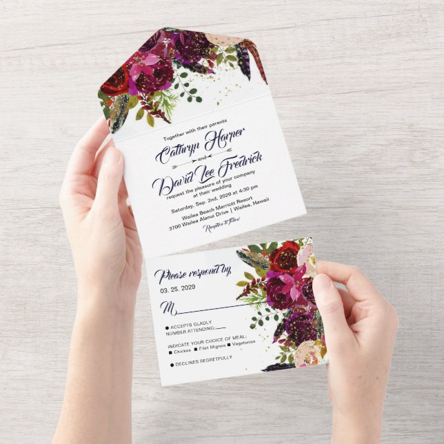 Invitation Tout En Un Boho Bold Burgundy Marine Floral Mariage (Déchirure)