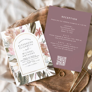 Invitation Tout en un Boho Bourgogne Floral QR Code Mariage