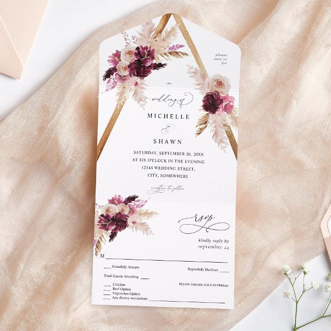 Invitation Tout En Un Boho Cadre rose Pampas Grass Floral (Créateur téléchargé)