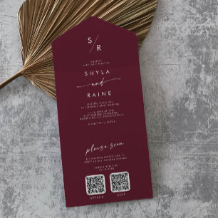 Invitation Tout En Un Boho Chic Bourgogne Rouge Double Code QR Mariage