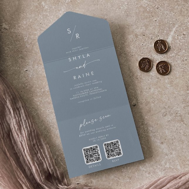 Invitation Tout En Un Boho Chic Dusty Blue Dual QR Code Mariage (Créateur téléchargé)