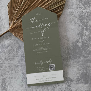 Invitation Tout En Un Boho Chic Olive Green QR Code Mail En Mariage