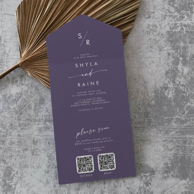 Invitation Tout En Un Boho Chic Plum Purple Double Code QR Mariage (Créateur téléchargé)