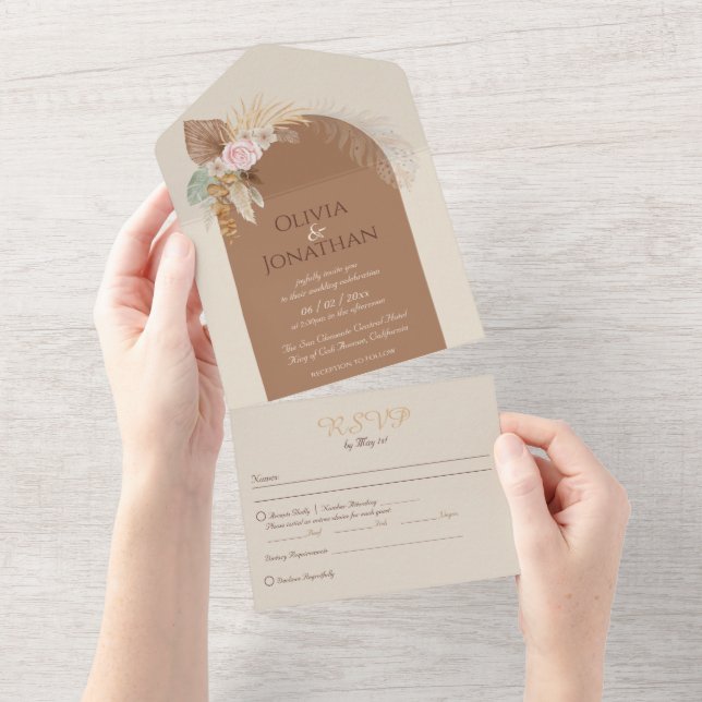 Invitation Tout En Un Boho Classé Moderne Rustique Beige Mariage Brown (Déchirure)