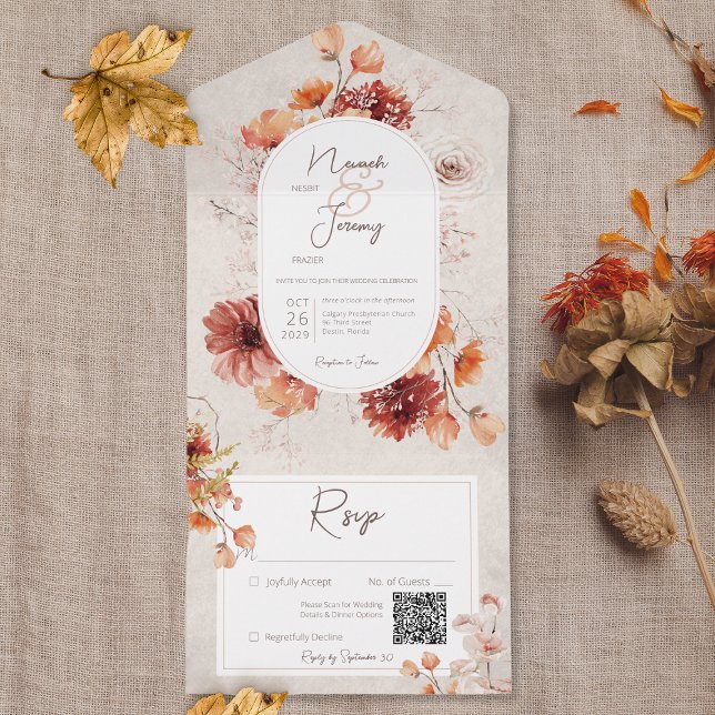 Invitation Tout En Un Boho Crème désossée Automne Floral QR Code (Créateur téléchargé)