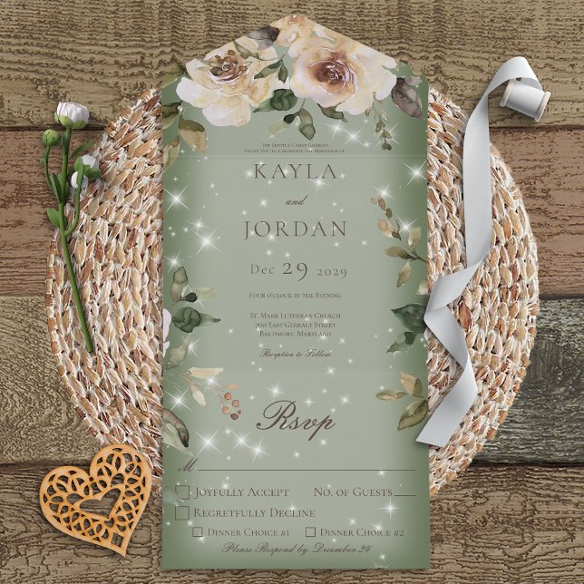 Invitation Tout En Un Boho Crème Roses Sparkle Sage Green Diner (Créateur téléchargé)