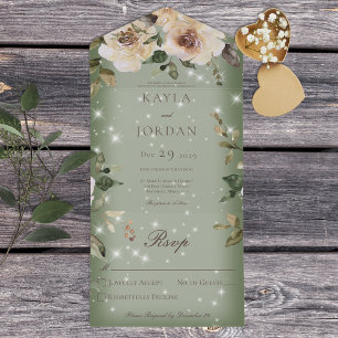 Invitation Tout En Un Boho Crème Roses Sparkle Sage Vert Pas de dîner