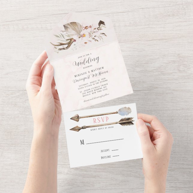 Invitation Tout En Un Boho Deer Antlers Flèche Et Plumes Mariage Tout I (Déchirure)